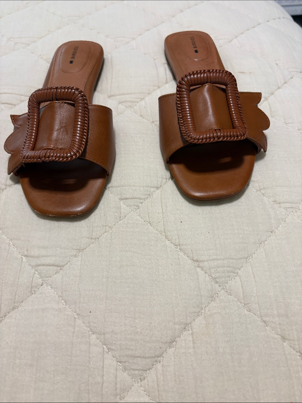 Birdies Cognac Braided Buckle Slide Mules